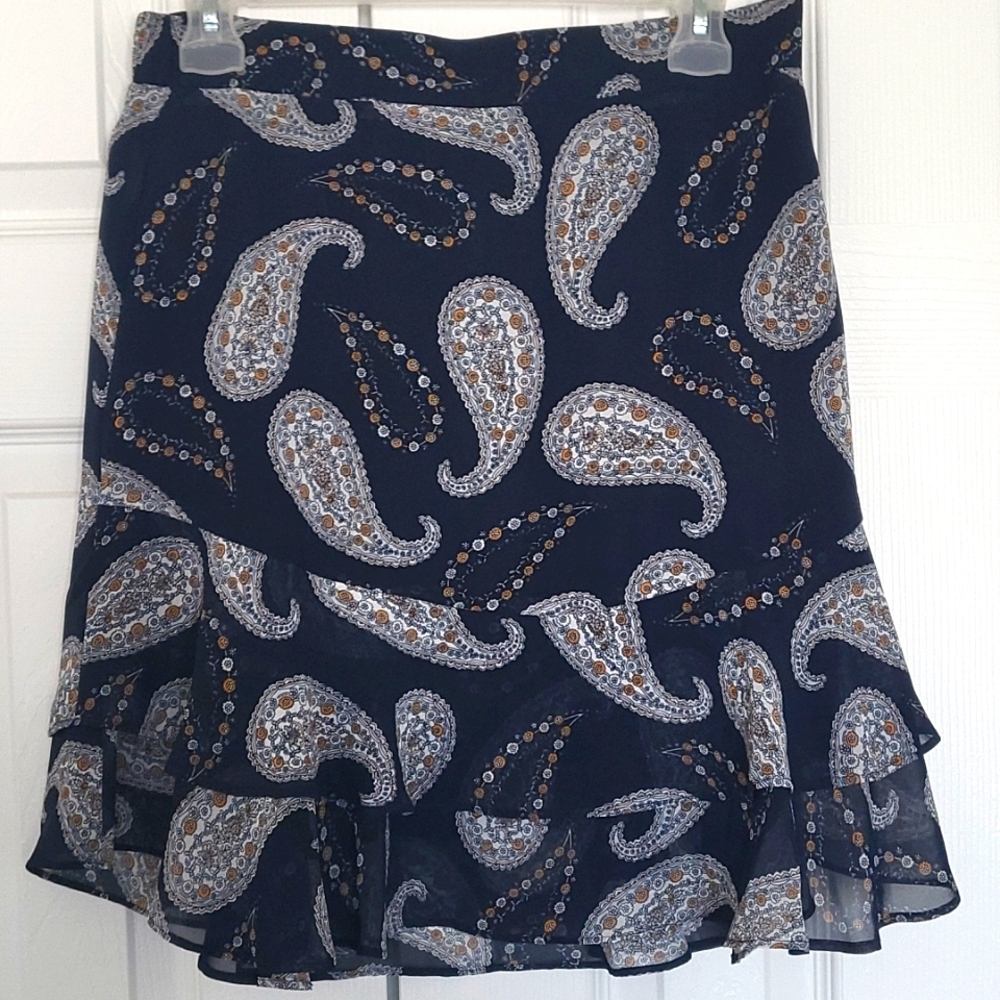 Loft Navy Paisley Midi Skirt with Flounce